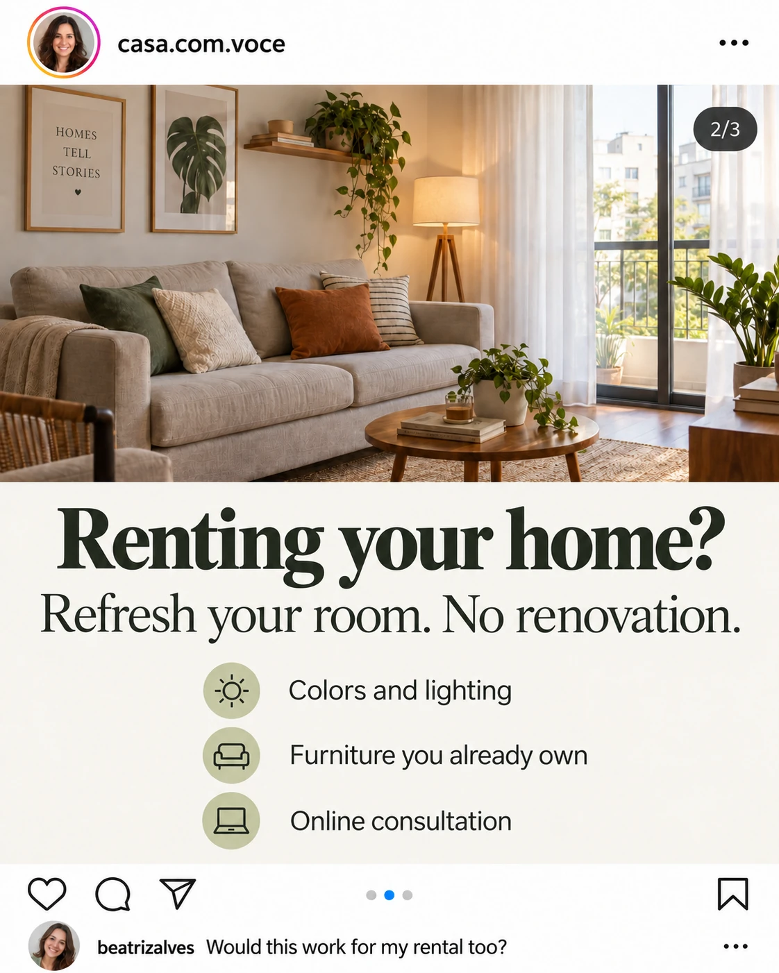 Fictional Instagram post, slide 2 of an interior consultation carousel. A living room photo sits above text about colors, lighting, existing furniture and online consultation. A customer asks if it works for a rental.