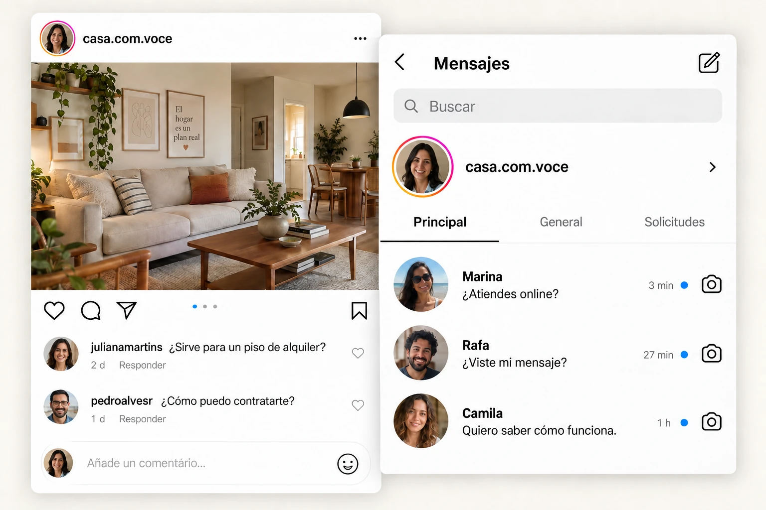 Instagram ficticio de una asesora de interiores: los comentarios preguntan cómo contratarla y tres conversaciones de mensajes directos siguen sin respuesta.