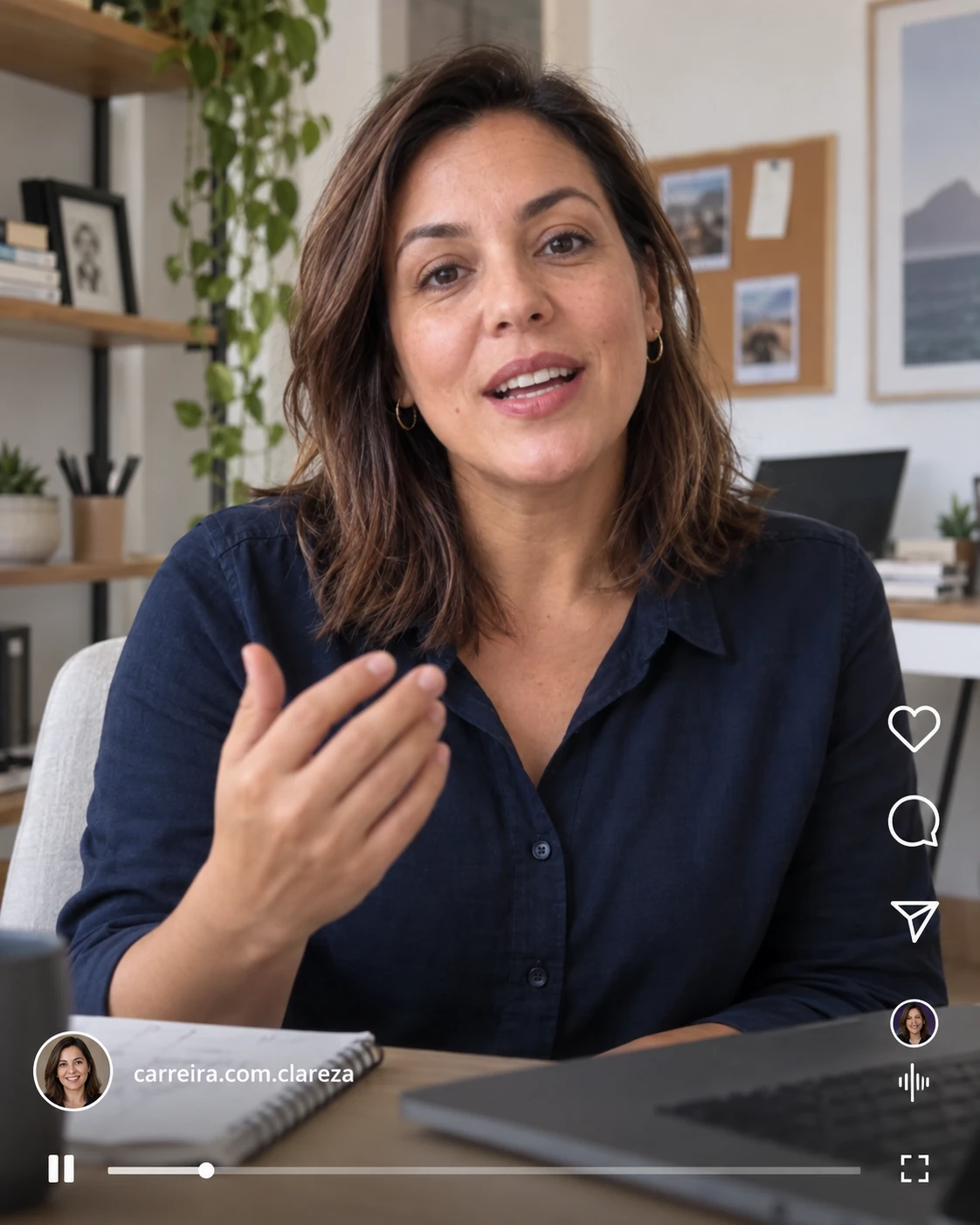 Reel fictício de Instagram: uma orientadora de carreira fala para a câmera em seu escritório, com os controles do aplicativo visíveis.